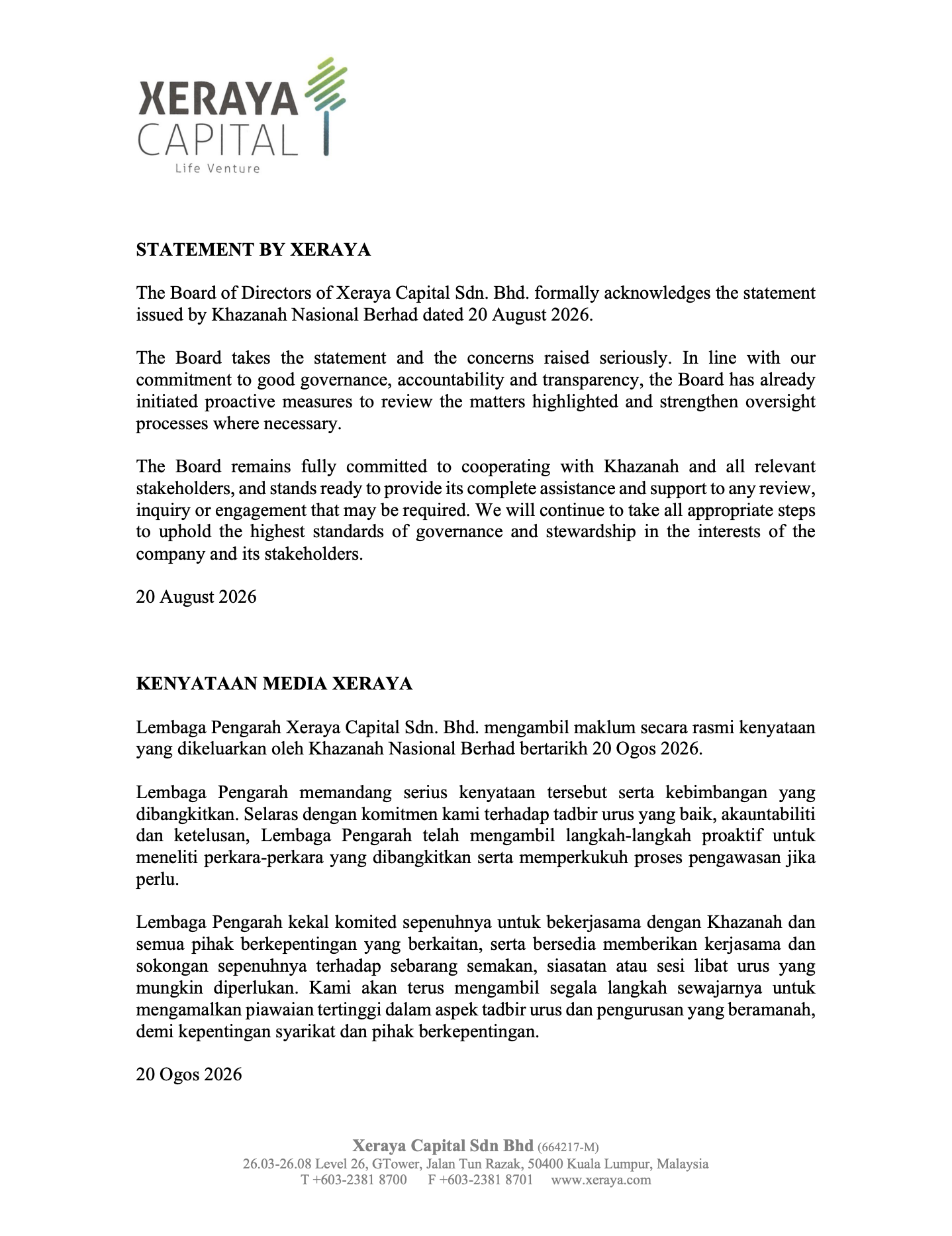 xeraya statement
